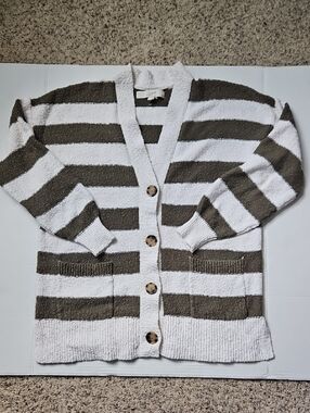 LOFT Striped Button-Front Cardigan - White & Olive